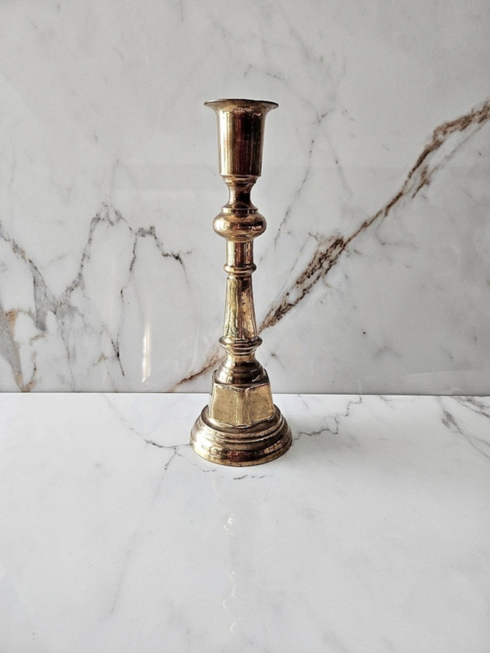 Vintage Mid-Century Heavy Solid Brass Baluster Candlestick Holder